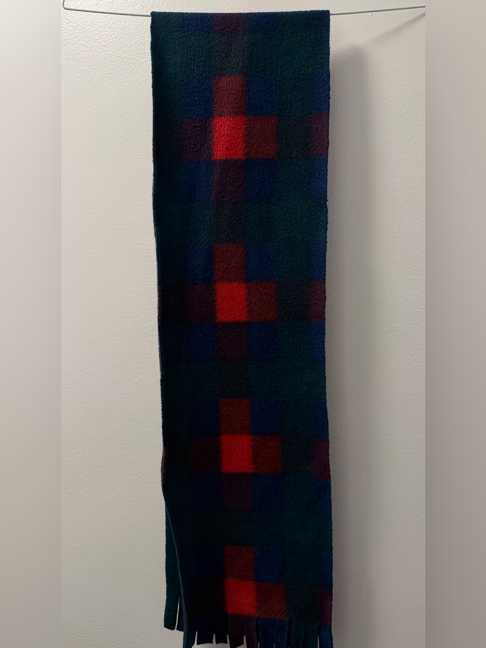 Vintage Style Geometric Block Scarf Green Navy Burgundy Red Fringe W8”x L55”